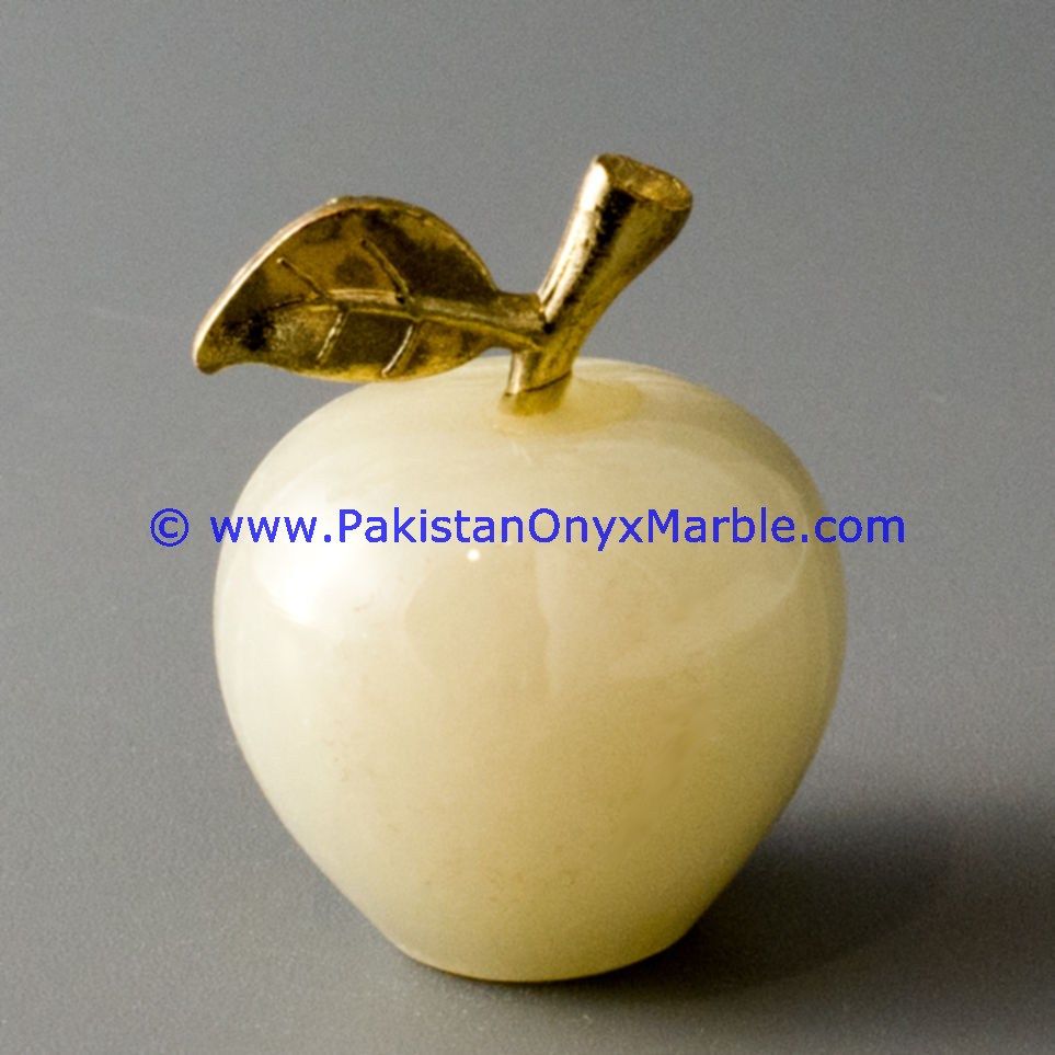 White Onyx Apples with Brass Stem Leaf handcarved-21