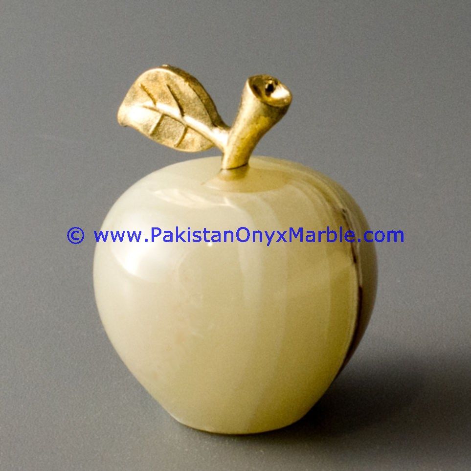 White Onyx Apples with Brass Stem Leaf handcarved-22