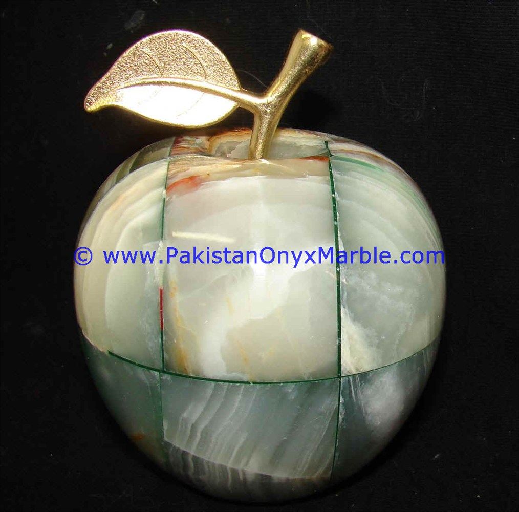 Colored Patchwork Tukri Onyx Apples with Brass Stem Leaf handcarved-21