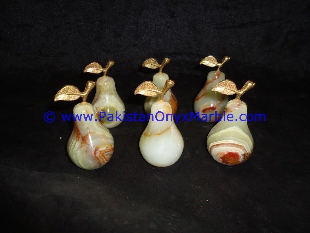 Green White Multi Onyx pears with Brass Stem Leaf handcarved-03