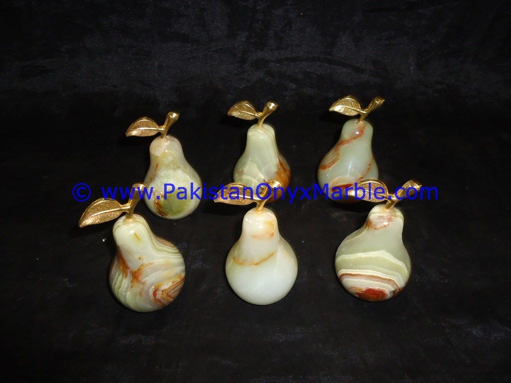 Green White Multi Onyx pears with Brass Stem Leaf handcarved-04