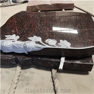 Cats Eye Red Granite Carved Flower Headstone Factory Price
