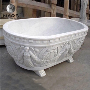 Exquisite Hand Carved Angle White Natural Marble Bathtub