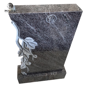 Hot Tombstone Dark Blue Granite Engraved Flower Headstone