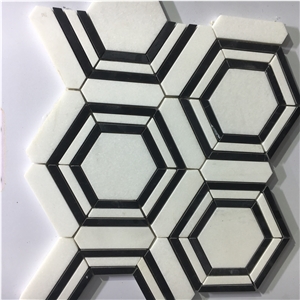 Thassos Water-Jet Floor Mosaic Tile Nero Marquina Hexagon 