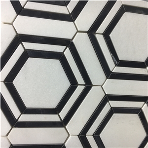 Thassos Water-Jet Floor Mosaic Tile Nero Marquina Hexagon 