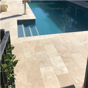 Classic Travertine Unfilled Tumbled Oool Pavers, Pool Coping