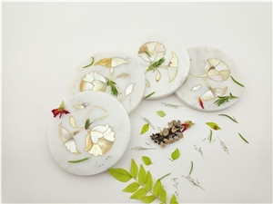 Marble Inlay Coaster White Set Of 4 Pcs  ( HM-000256 ) 
