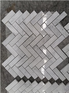 Bianco Carrara White Marble Herringbone Mosaic Wall Tiles 