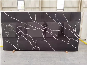 Black Quartz Slabs With White And Gold Veins 
