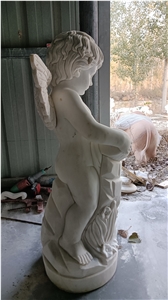Pure White Marble Music Kid Angel Sculpture Garden Statue