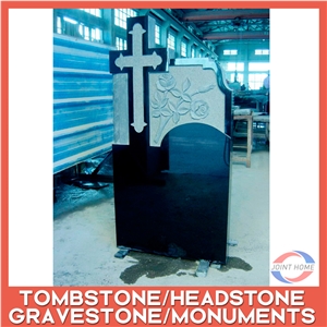 Absolute Black Hand Carving Polished Granite Cross Tombstone
