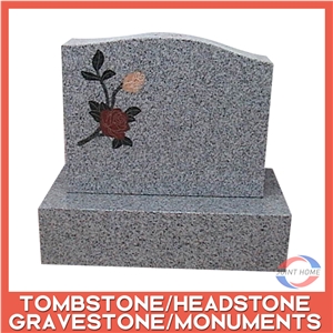 Black Granite Tombstone Headstone With Lily Rose Carvings
