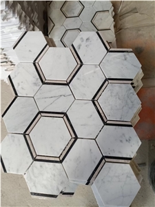 Carrara Hexagon Mosaic Design Chevron Marquina Floor Pattern