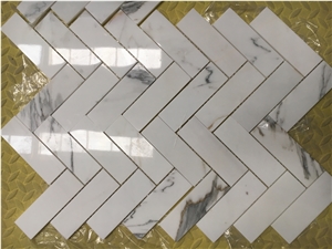 Marble Brick Mosaic Design Calacatta Herringbone Bath Tile 