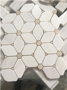 Thassos Hexagon Floor Mosaic Chipped Marble Pattern Tile