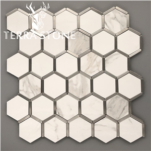 Hexagon Mosaic Carrara White Marble With Stainless Steel 