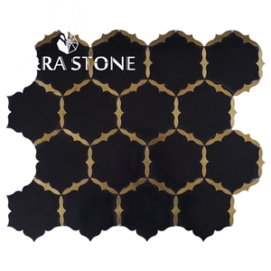 Water Jet Marble Mosaic Black Marble And Brass Tile