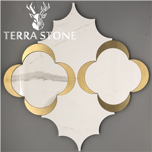 Water-Jet Mosaic Thassos White Marble Brass Mosaic Tile