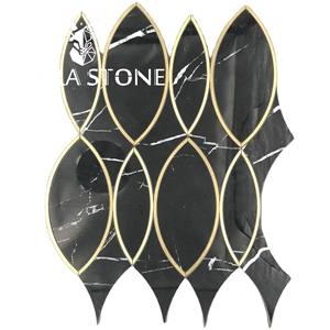 Waterjet Marble Mosaic Nero Marquina With Brass Tile