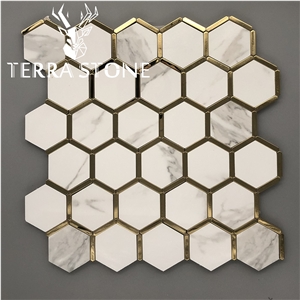 White Marble Hexagon Mosaic With Stainless Steel Waterjet