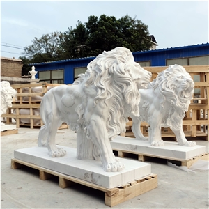 White Marble Lion Sculpture, White 4' Tall