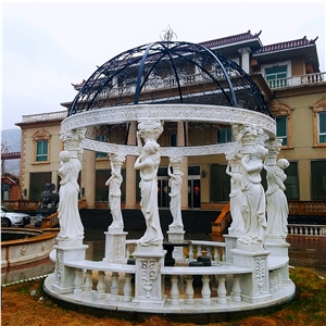 White Marble Statue Column Gazebo With Iron Dome