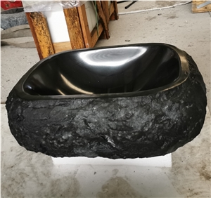 Polished And Rock Face Black Granite Rectangle Basin Sink