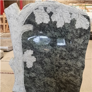 Polished Olive Green Granite Headstone With Tree Carving