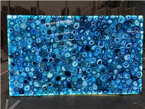 Backlit Blue Semiprecious Agate For Villa Wall Panel Slab