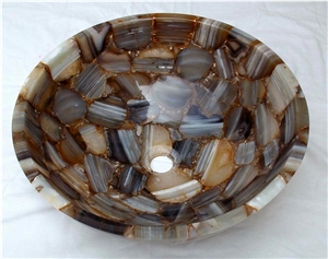 Natural Grey Onyx Gemstone Marble Stone Round Wash Sink
