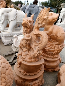 Red Marble Dog Stone Carving Chinese Zodiac Statues