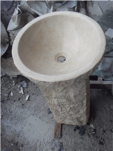 Marble Pedestal Wash Basin Crema Marfil Bathroom Round Sink