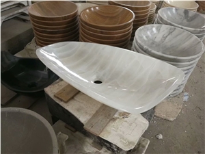 Stone Bathroom Vessel Sink White Onyx Oval Wash Basin