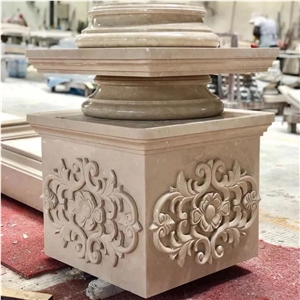 Beige Marble Column Base With Relief