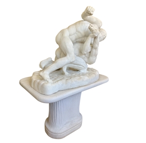 Two Men Fighting White Marble Sculpture