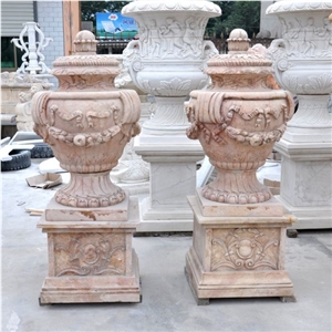 Beige Marble Garden Pedestal Planter Vase, Landscaping Pot