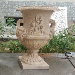 Burdur Beige Marble Villa Garden Sculptured Flower Pot