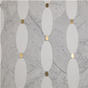 Carrara White Brass Crystallized Glass Waterjet Mosaic Tile