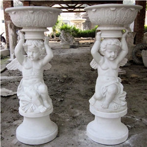 Customized Marble Angel Baby Pedestal Flower Pot