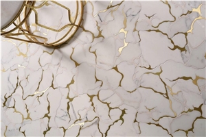 White Marble Mixed Gold Metal Waterjet Mosaic Pattern