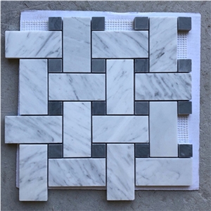 Carrara White Marble Basketweave W/Black Dots Mosaic Tile