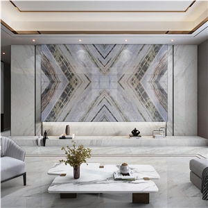 Blue Danube Marble Bookmatch Slab Tiles Villa Wall Design