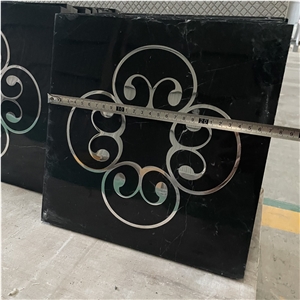 Nero Marquina Marble With Silver Metel Waterjet Medallion Pattern