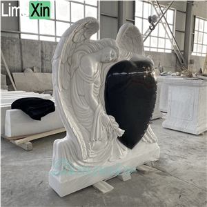 Angel Holding Heart Hand Carved White Marble Headstone