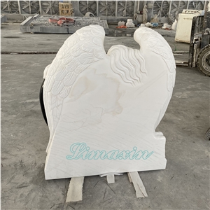 Angel Holding Heart Hand Carved White Marble Headstone