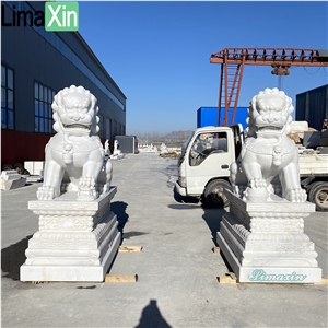 Large Size Hand Carved Polished White Marble Foo Dogs
