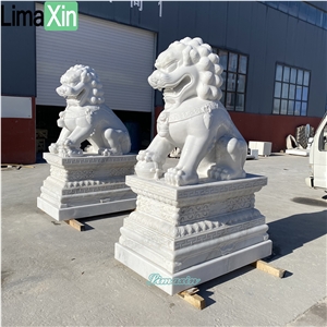 Large Size Hand Carved Polished White Marble Foo Dogs