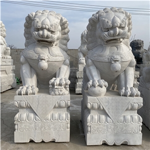 Medium Size Hand Carved White Marble Foo Dog Sculpture