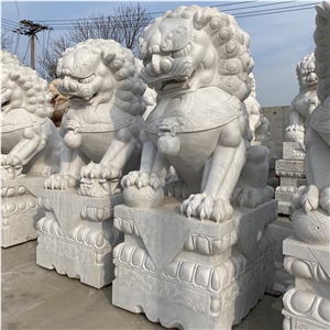 Medium Size Hand Carved White Marble Foo Dog Sculpture